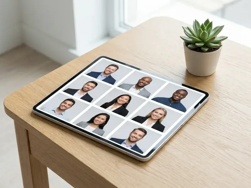 Trombinoscope d'entreprise cohérent affiché sur une tablette avec des portraits professionnels harmonisés