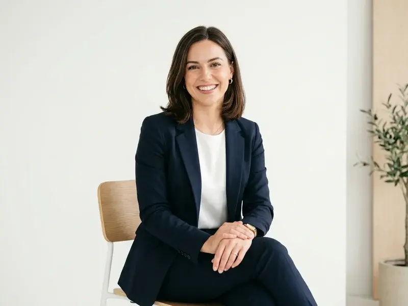 Jeune professionnel souriant, parfaitement habillé, regardant l'objectif, avec un fond studio lumineux et épuré.