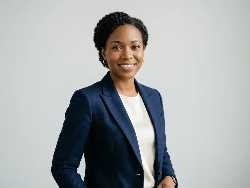 Portrait professionnel soigné et lumineux d'une femme souriante, fond neutre, idéal pour un CV ou LinkedIn.