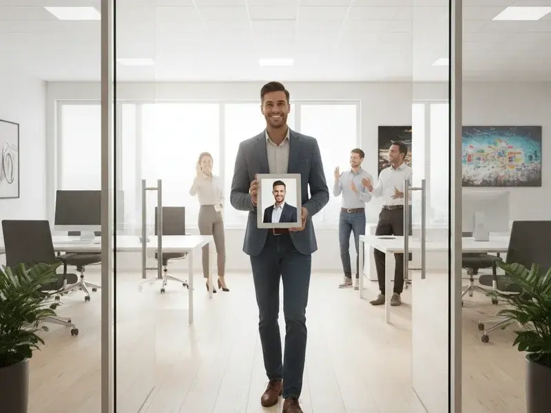 Un groupe de collaborateurs souriants affichant leur photo d'équipe professionnelle sur un écran de bureau moderne.