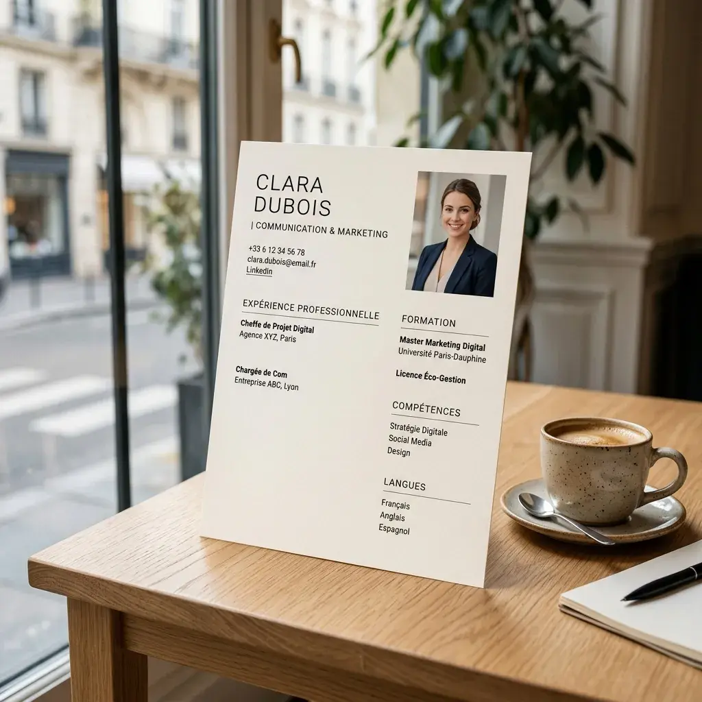 Mise en page minimaliste d'un CV français avec une photo professionnelle