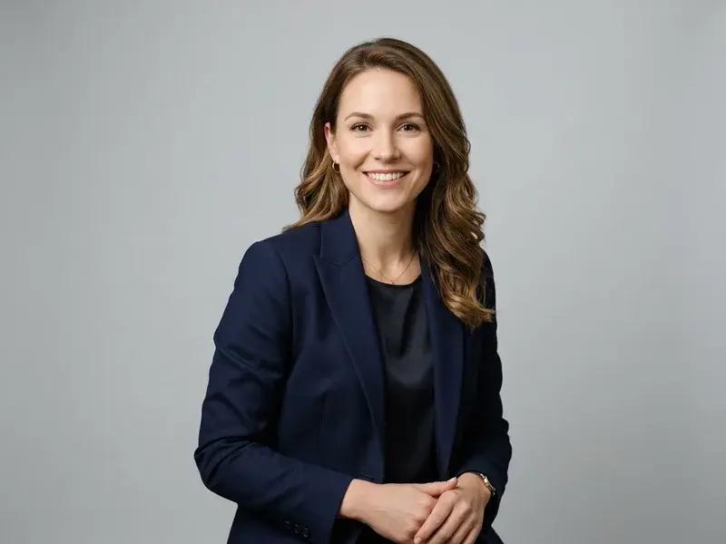Portrait professionnel d'une femme souriante, confiante et élégante, sur un CV, illustrant une reconversion réussie.