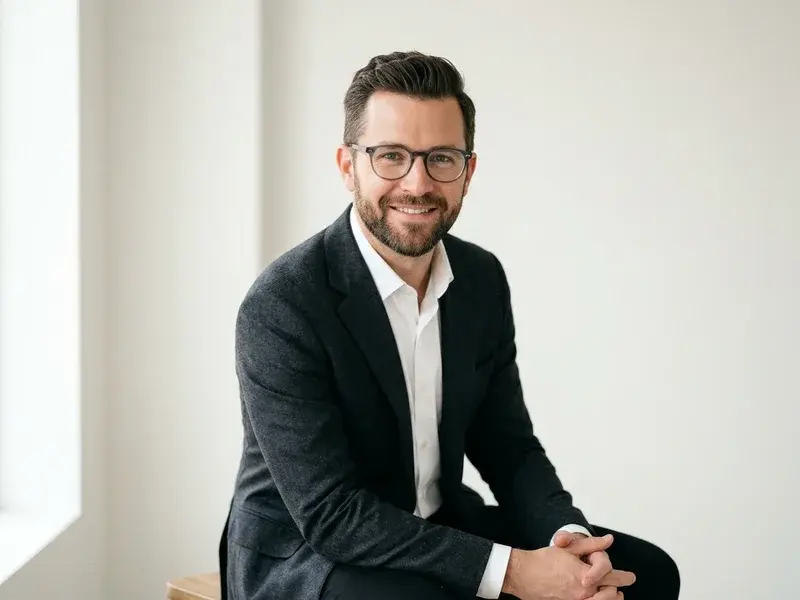 Portrait professionnel d'un homme souriant portant des lunettes, sans aucun reflet visible sur les verres, sur un fond studio lumineux et épuré.