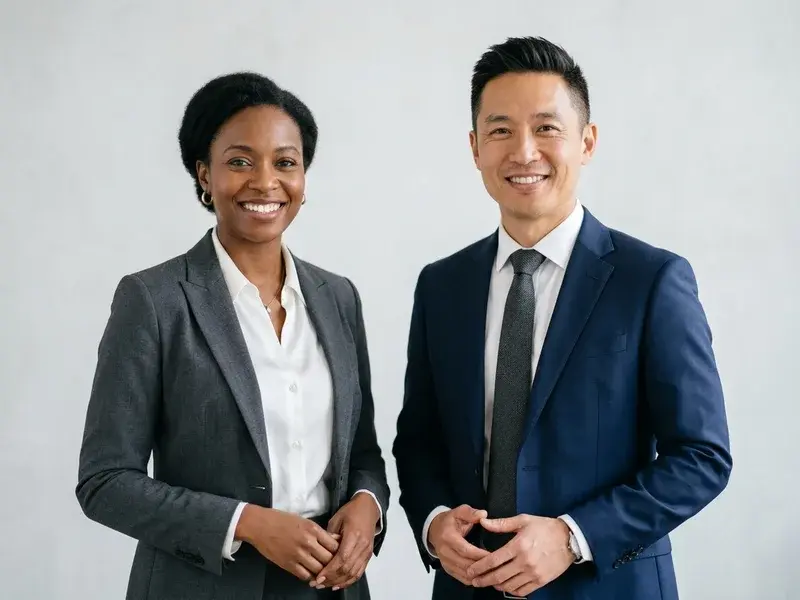 Un homme et une femme souriants, vêtus de tenues professionnelles aux couleurs neutres et élégantes, posant pour un portrait de studio lumineux.