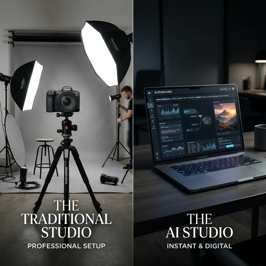 Studio photo traditionnel vs ordinateur avec interface IA générative