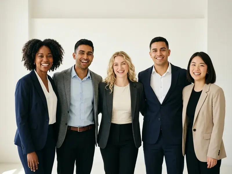 Un groupe de jeunes professionnels souriants, avec des arrière-plans lumineux et uniformes, dans un style de portrait studio moderne et épuré. Ils portent des tenues professionnelles et regardent la caméra avec assurance.