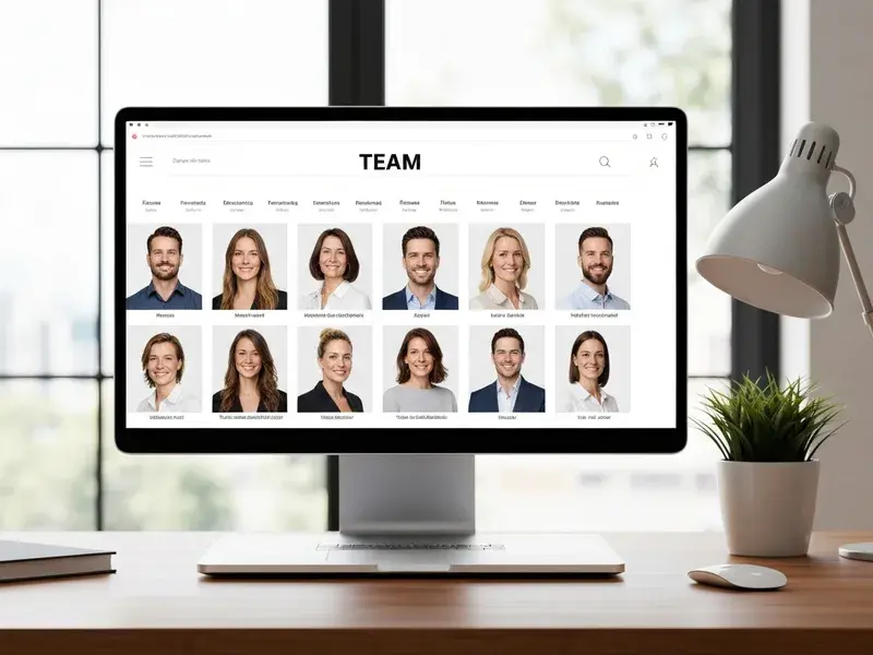 Un écran de site web corporate présentant une page équipe avec une photo d'équipe professionnelle harmonieuse et moderne.