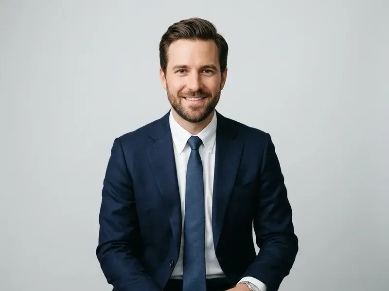 Un homme au style soigné avec une coiffure professionnelle, regardant droit devant lui dans un studio lumineux pour une photo de portrait.