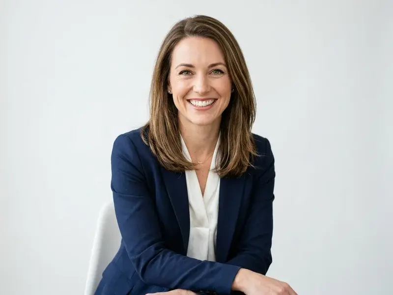 Portrait professionnel de femme souriante, fond studio lumineux, style corporate moderne.