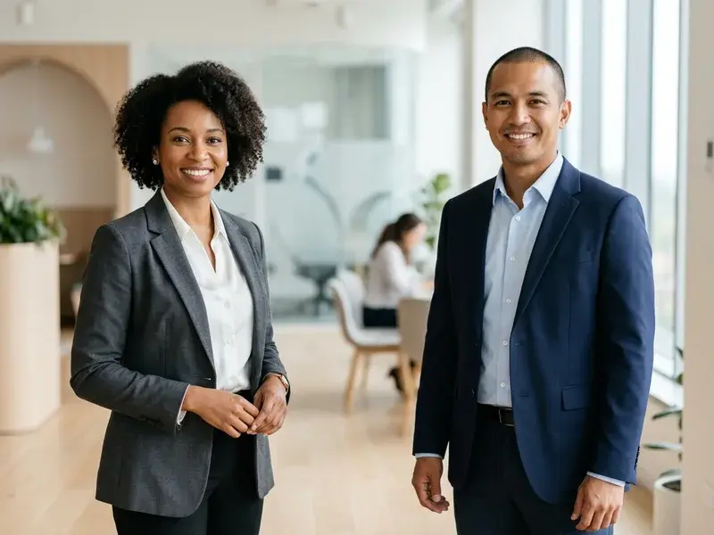 Un homme et une femme souriants, vêtus de tenues professionnelles, posent pour une photo de studio lumineuse et épurée, symbolisant une intégration réussie dans une équipe moderne.