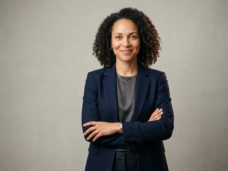Portrait professionnel d'une femme souriante et confiante, de qualité studio, sur fond neutre, symbolisant une reconversion professionnelle réussie.