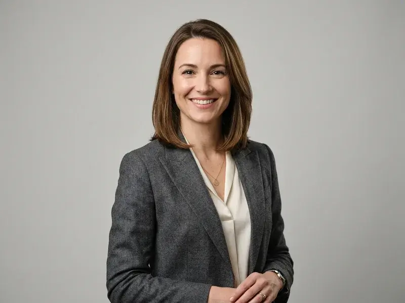 Portrait professionnel d'une femme souriante, fond neutre, lumière douce, reflétant une reconversion réussie.