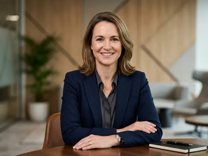 Portrait professionnel d'une personne en reconversion, souriante et confiante, sur un CV, avec des éléments de réussite professionnelle en arrière-plan flou.