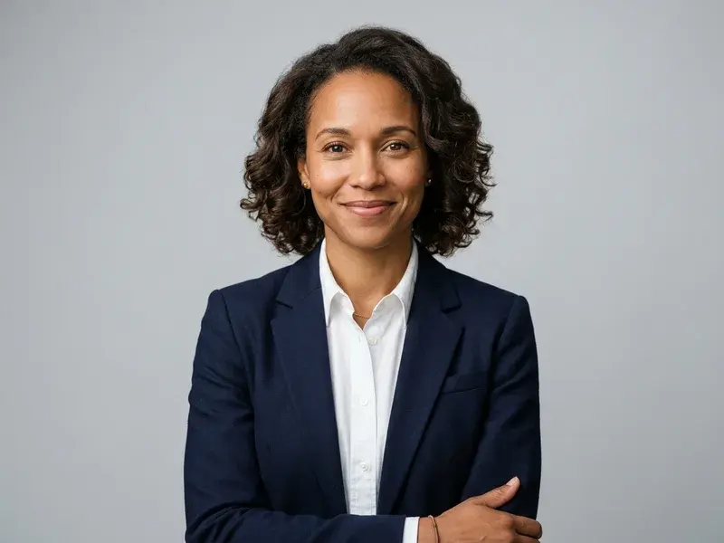 Portrait professionnel hyper-réaliste d'une femme souriante, regard direct, fond gris clair uni, lumière studio douce et naturelle, style épuré et moderne