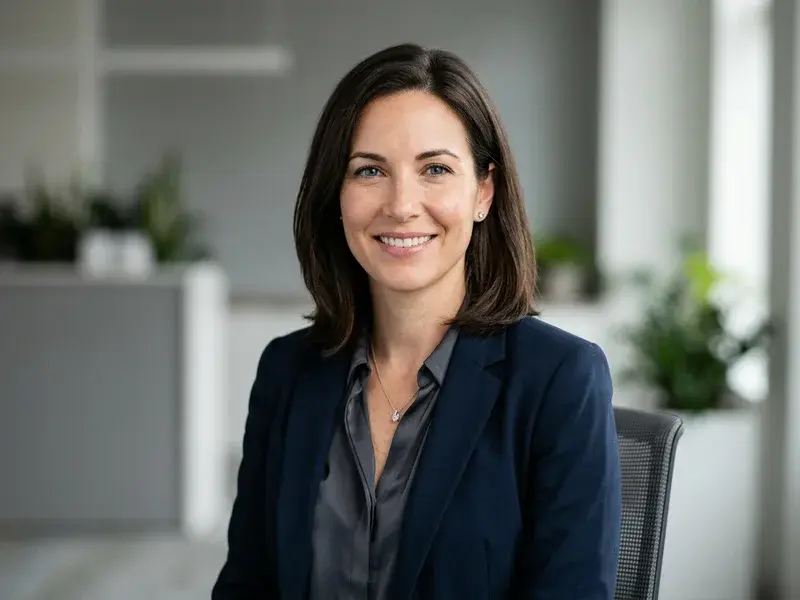 Portrait professionnel de haute qualité d'une femme souriante, visage clair et expressif, pour un CV de reconversion, fond neutre et éclairage studio doux.