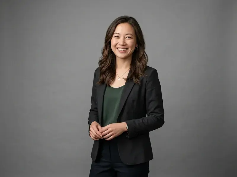 Portrait professionnel de femme souriante, fond neutre, lumière studio, symbolisant une reconversion réussie.