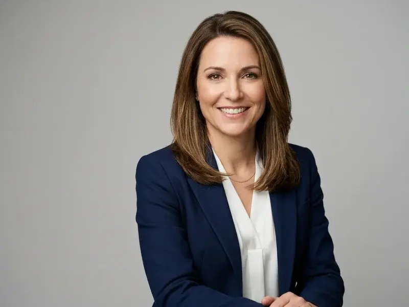 Portrait professionnel d'une femme souriante, regard confiant, fond neutre gris clair, éclairage doux, style studio haut de gamme, idéal pour un CV de reconversion professionnelle.