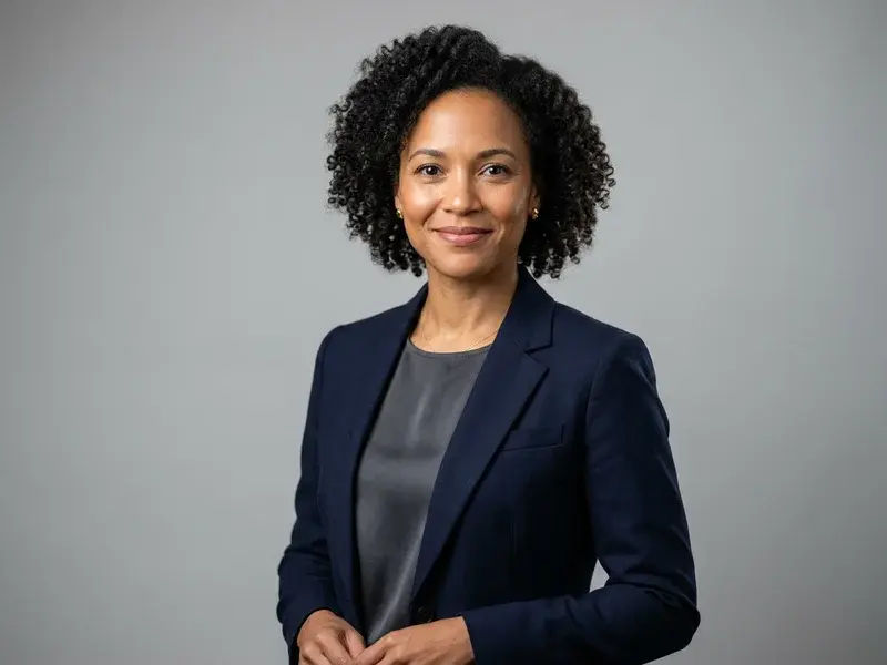 Portrait professionnel hyper-réaliste d'une femme souriante, regard direct, fond neutre. Idéal pour un CV de reconversion.
