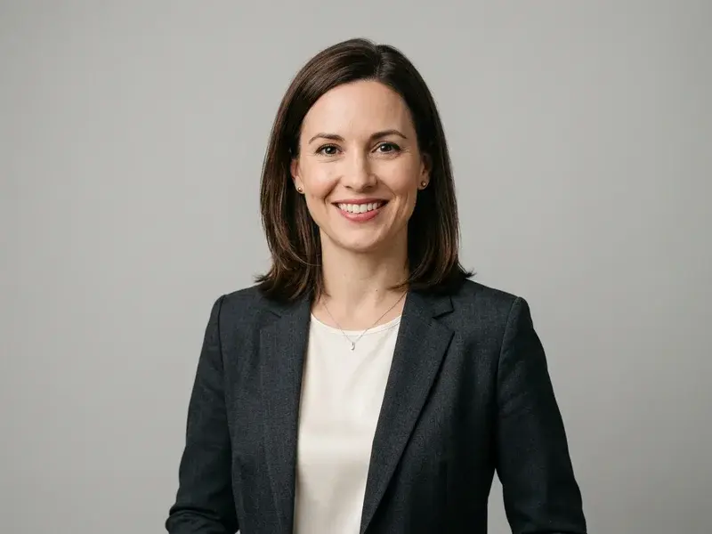 Portrait professionnel de femme souriante en reconversion, style studio, fond neutre, lumière douce, optimisé pour CV.