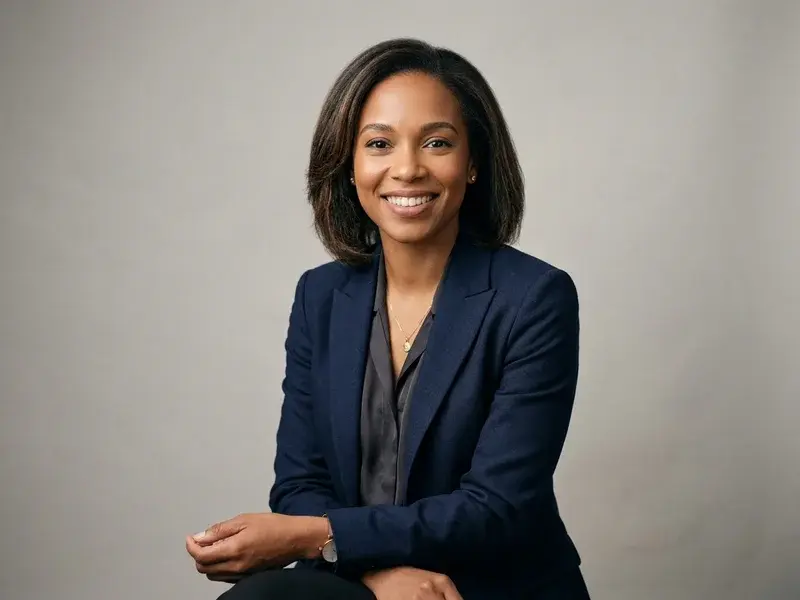 Portrait professionnel d'une femme souriante, regard direct, fond neutre. Éclairage doux et naturel, style photo de CV pour une reconversion professionnelle.