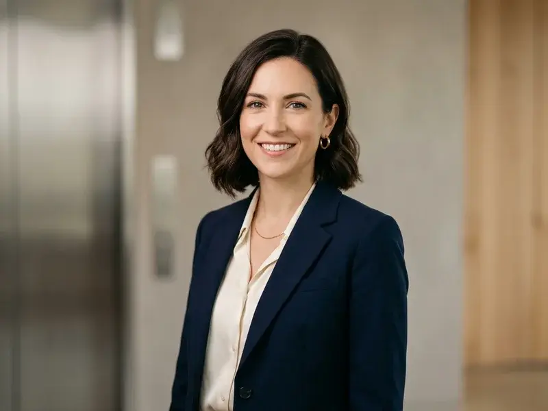 Portrait professionnel haute qualité d'une femme souriante, fond neutre, tenue élégante, symbolisant une reconversion professionnelle réussie.