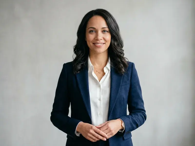 Portrait professionnel d'un commercial souriant, pris en studio avec un éclairage doux et un fond neutre.