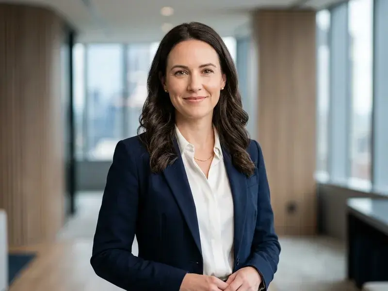 Portrait professionnel de studio d'une femme d'affaires souriante, regardant directement l'objectif, fond neutre.