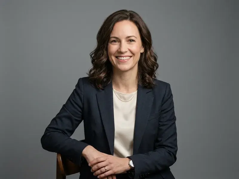 Portrait professionnel de qualité studio d'une femme souriante, confiante, en tenue de bureau élégante, sur un fond gris neutre, symbolisant une reconversion professionnelle réussie.