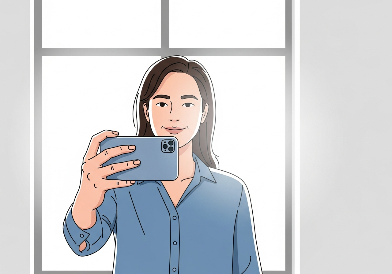 Personne préparant son selfie pour une photo professionnelle avec éclairage naturel fenêtre